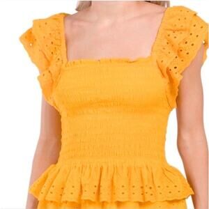 House of Harlow 1960 Smocked Eyelet Peplum Hem Flutter Sleeve Top